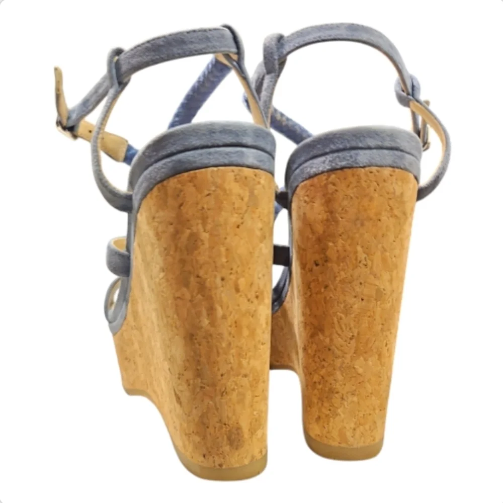 JIMMY CHOO | Wynwood 130 Blue Suede Strappy Platform Cork Wedge Sandals EU 36